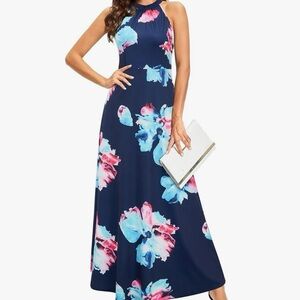 Blue Halter Maxi Dress for Wedding Guest